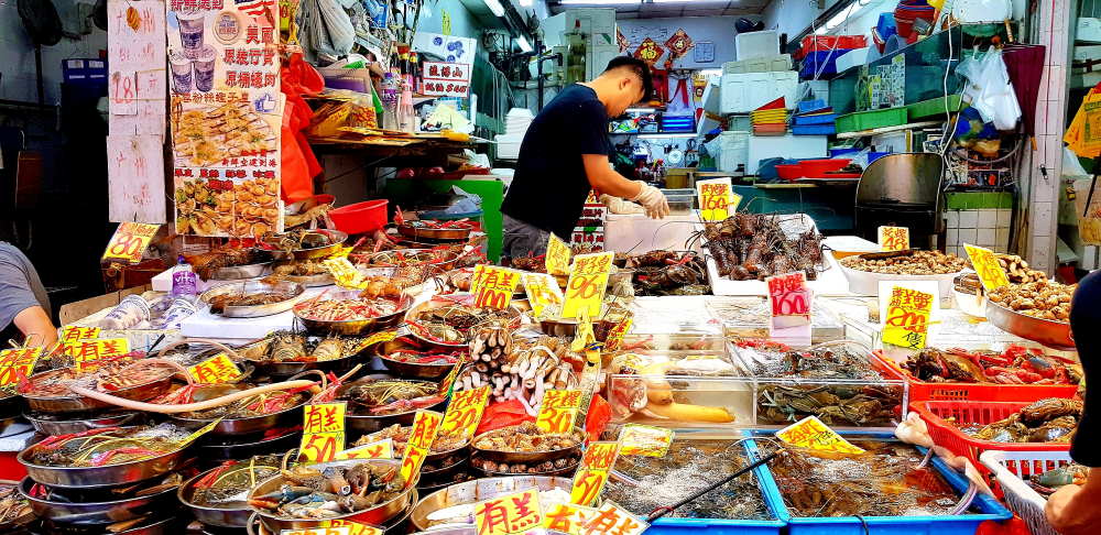 A selection of seafood at the Mong Kok market in Hong Kong
