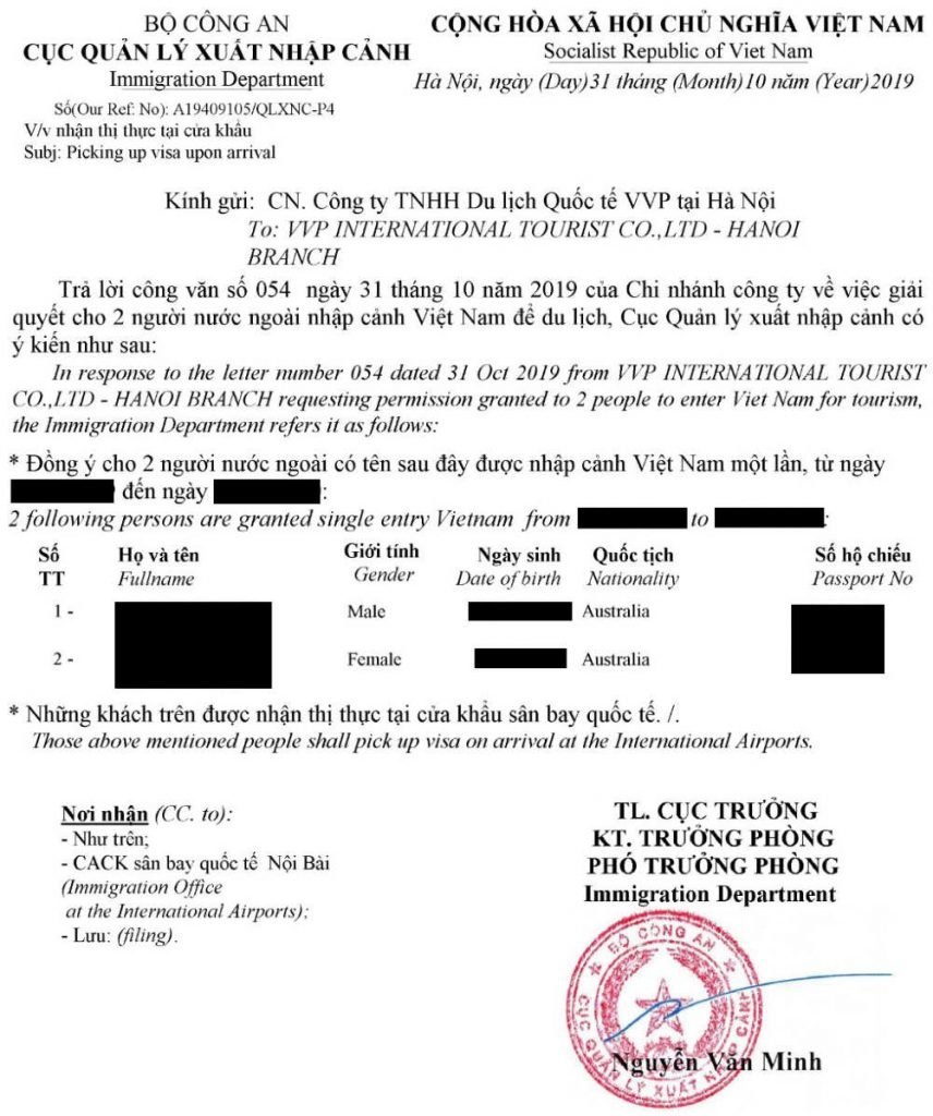 Vietnam Visa on Arrival approval letter.