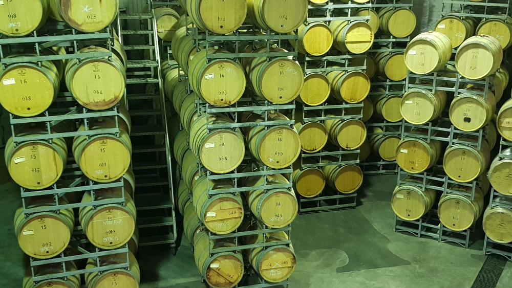 Wine barrels inside Sandalford Winery