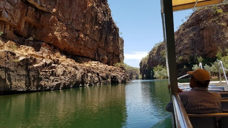 Darwin to Cairns road trip Taking a a boat cruise through the sandstone cliffs and calm waters of Nitmiluk Gorge in Nitmiluk National Park, Northern Territory