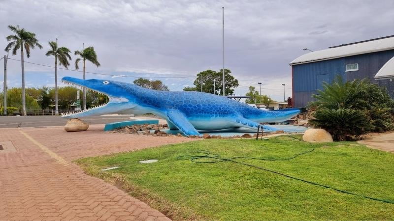 Darwin to Cairns road trip Large blue statue of a prehistoric marine reptile outside Kronosaurus Korner fossil museum in Richmond, outback Queensland
