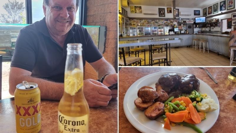 Darwin to Cairns road trip Cold beers, pub meal and interior of Threeways Roadhouse NT