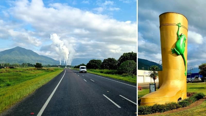 Darwin to Cairns road trip Highway leading to the Innisfail sugar mill with mountains in the background, and the Big Golden Gumboot landmark featuring a green tree frog in Tully, Queensland