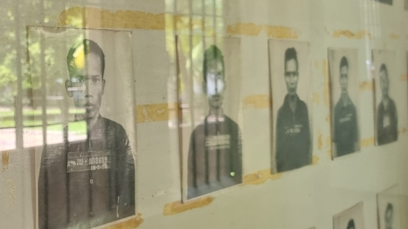 Phnom Penh Killing Fields tour Photos of the prisoners displayed inside the S21 Prison Phnom Penh