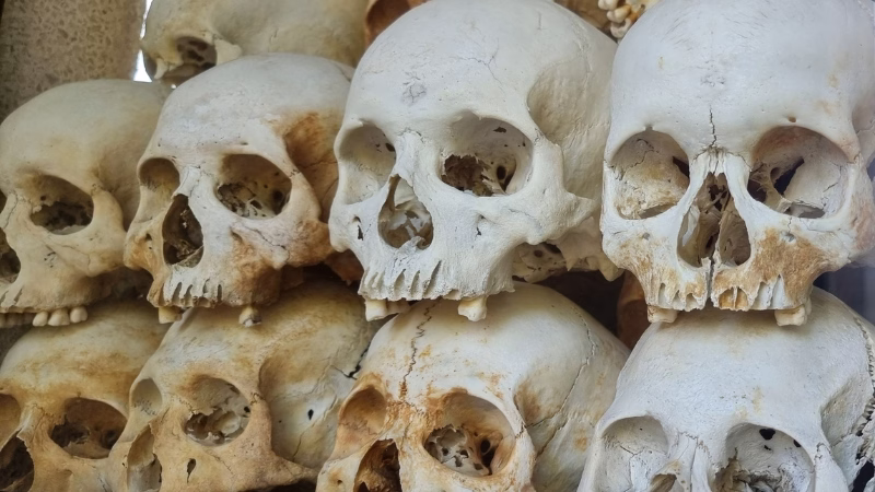 Phnom Penh Killing Fields tour Skulls on display inside the Memorial Stupa