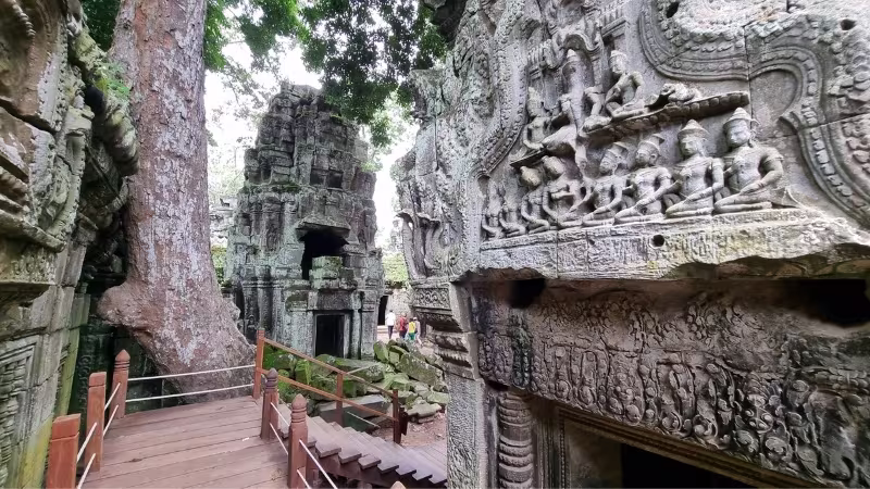 Ancient stone carvings and tree roots entwined in the temple ruins of Ta Prohm, part of Angkor Wat complex in Siem Reap, Cambodia