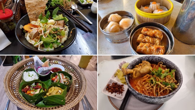 Assorted Southeast Asian dishes including noodle soup, dim sum, plant-based salad, and a traditional Thai platter served in a woven basket with dips and condiments