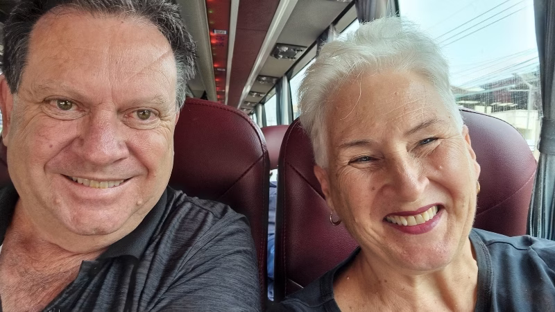 Alan and Ros on a bus from Phnom Penh to Siem Reap in Cambodia